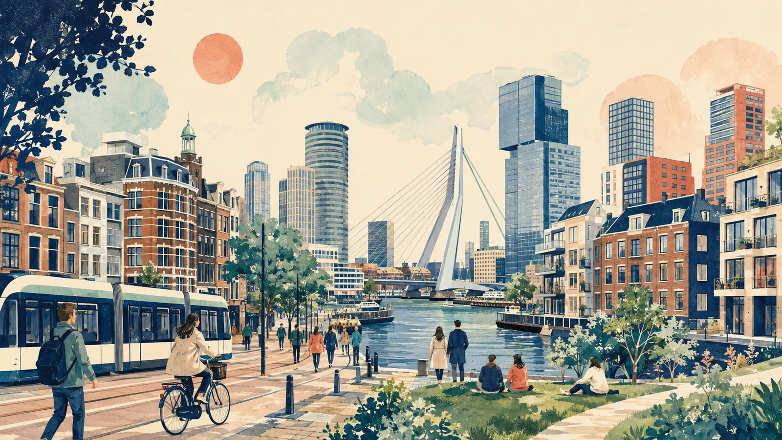 Illustratie van woningen in het Rotterdamse centrum, water, tramvervoer en groene openbare ruimte