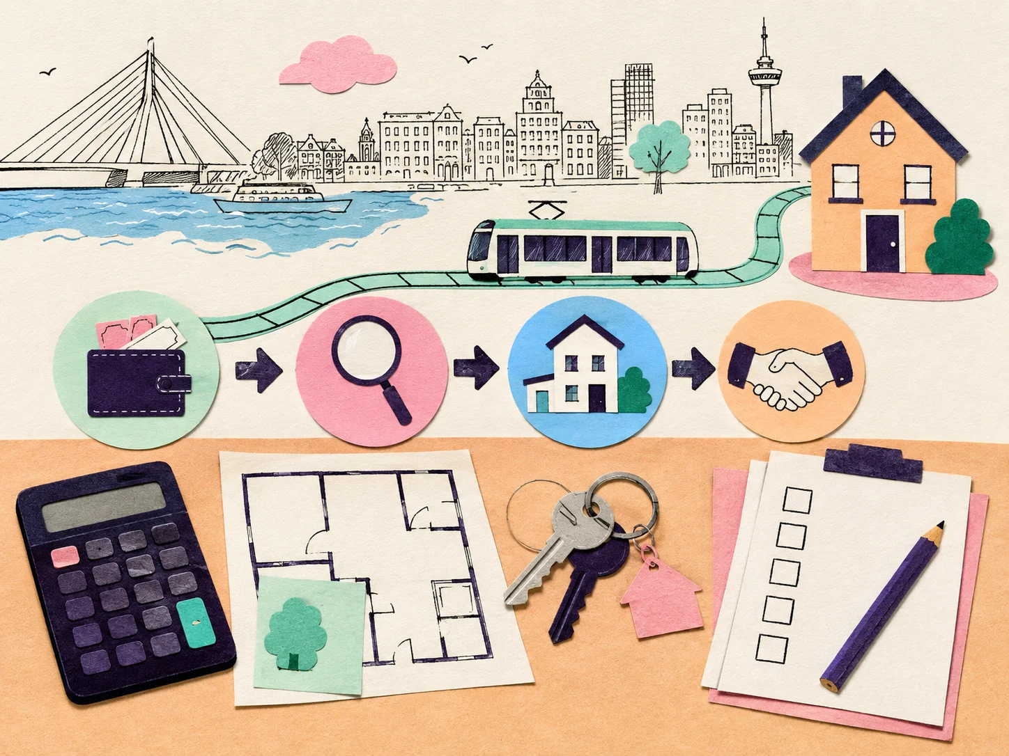 Illustratie van een checklist voor een eerste huis in Rotterdam van budget en bezichtiging tot bod en sleutels