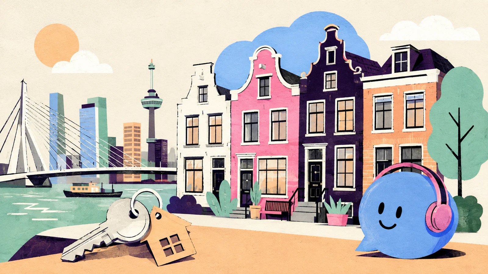 Illustratie van Rotterdamse huizen, een brug en een sleutel voor een eerste aankoop
