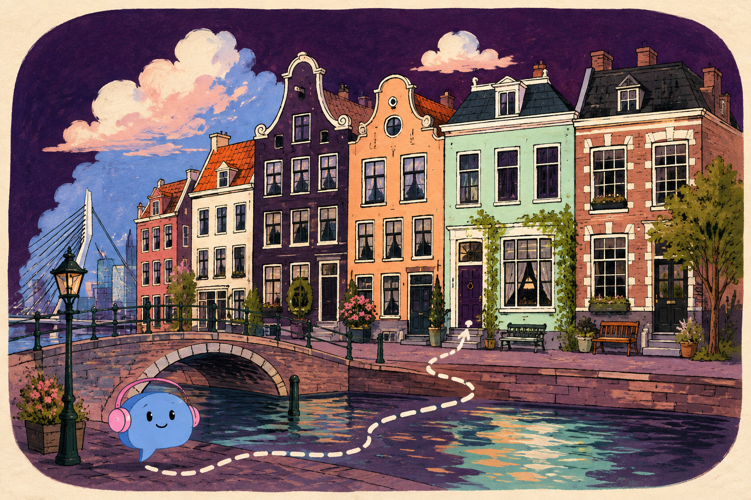 Redactionele illustratie van Rotterdamse huizen langs een gracht, een brug en een pad naar een voordeur
